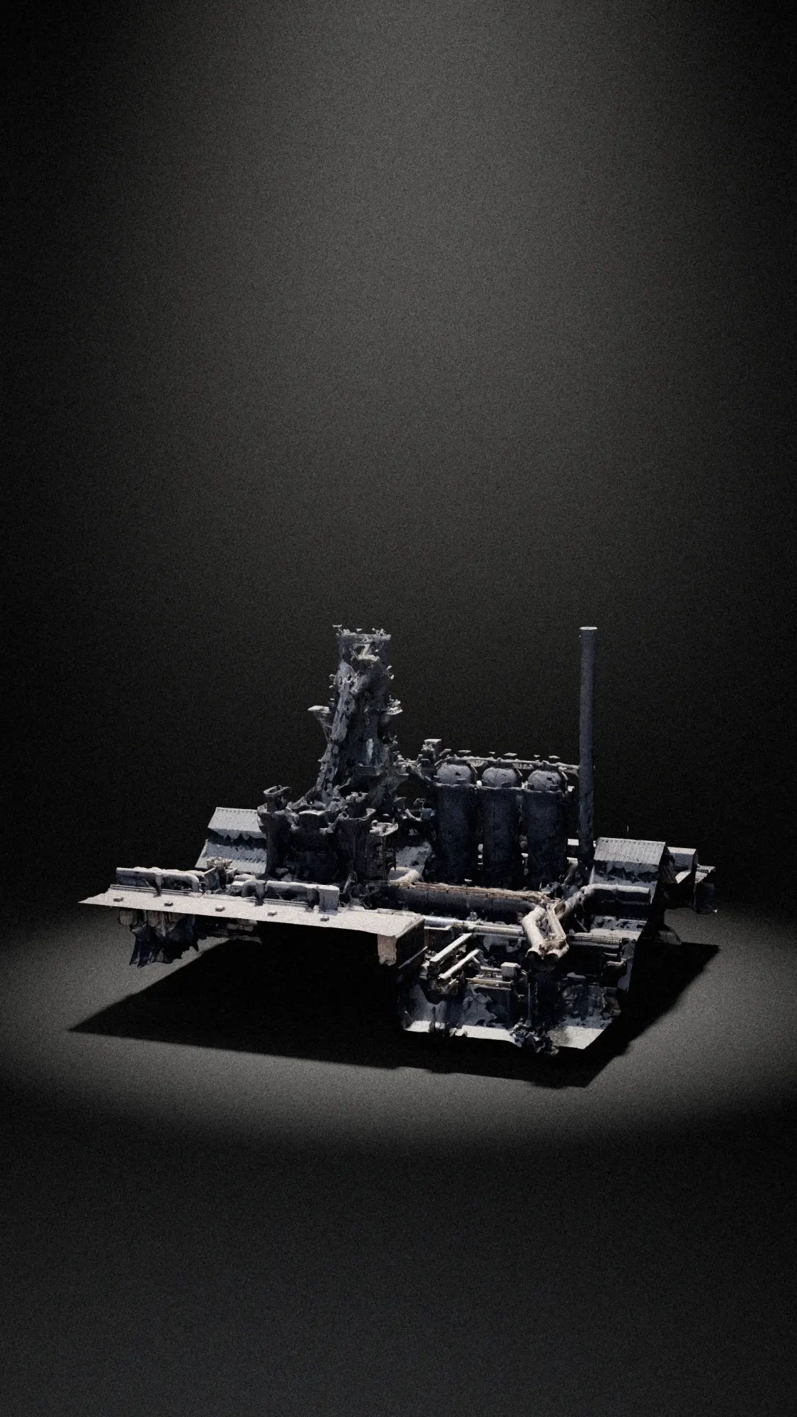 A blast furnace in Linz as a textured model under a spotlight: the furnace tower, three hot-blast stoves, a chimney and pipework on a cut base.