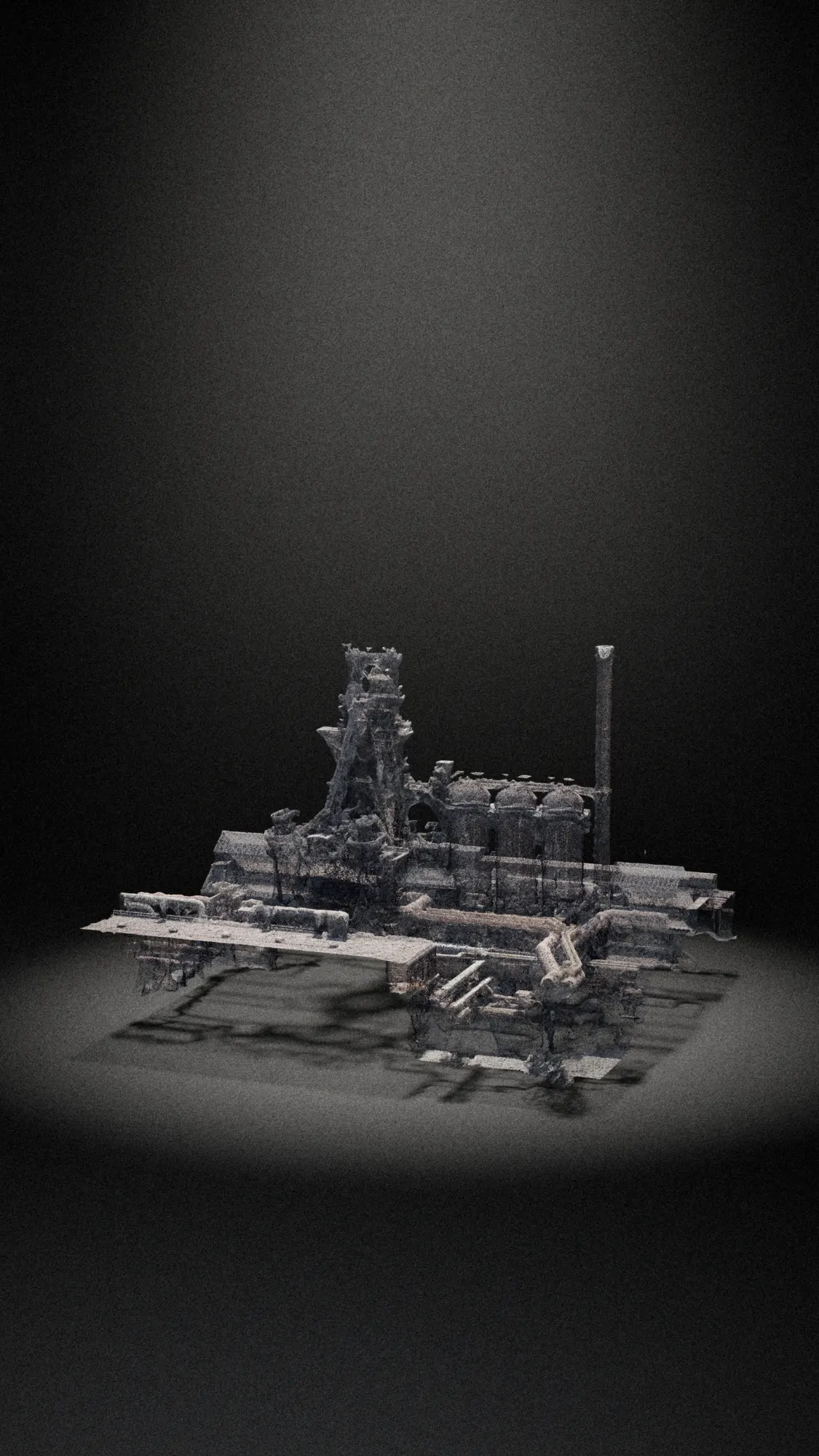 The same blast furnace in Linz as a point cloud derived from the mesh: tower, stoves, chimney and pipework read as grain, casting the same shadow.