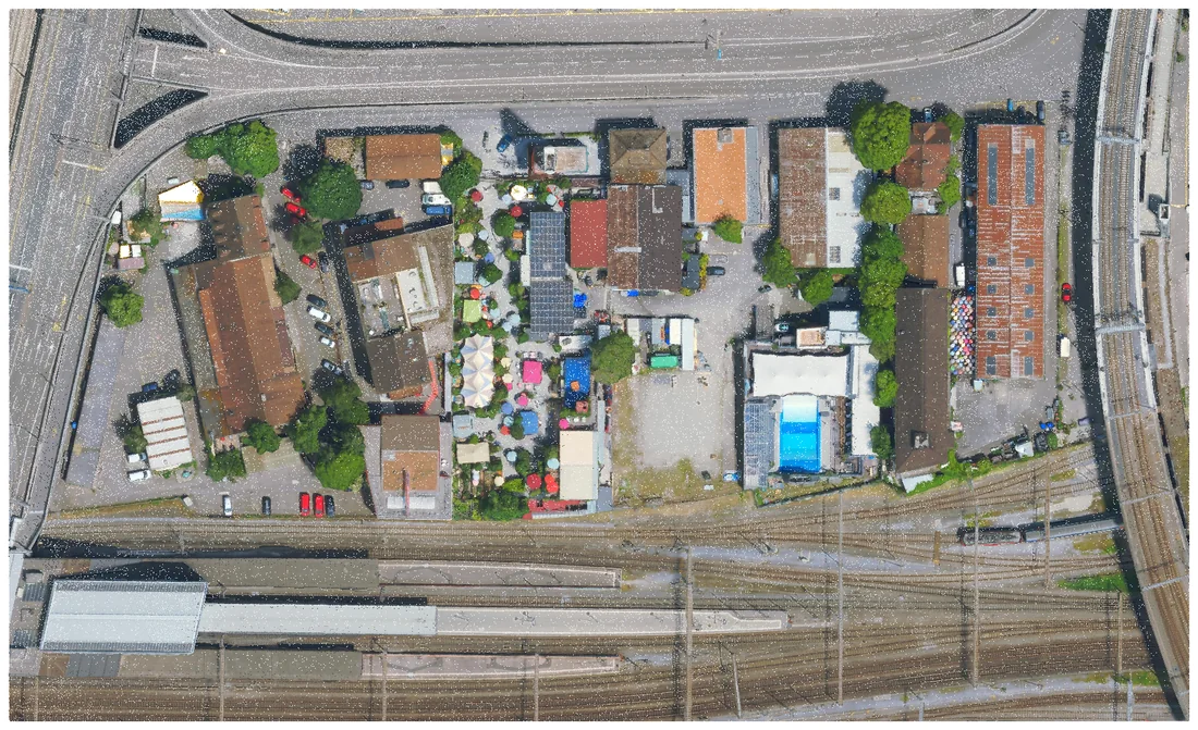 The crop seen from above as a textured mesh: roofs, yards, tree canopies and market awnings in full colour.