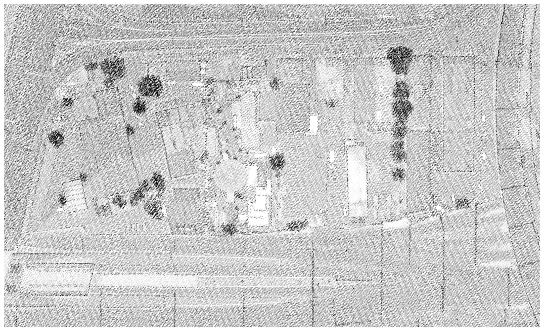 The identical crop as a point cloud, uncoloured: the same roofs and trees read as grain and shadow.